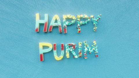 Happy Purim text inscription, jolly Jewish festival or carnival or holiday concept, Israel traditional celebrate, funny masquerade, decorative animated lettering, greeting card motion background.