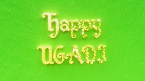 Happy Ugadi text inscription, Yugadi is a Hindu festival that marks the New Year's Day, first day of the Chaitra month holiday concept, indian animated lettering, greeting card motion background.