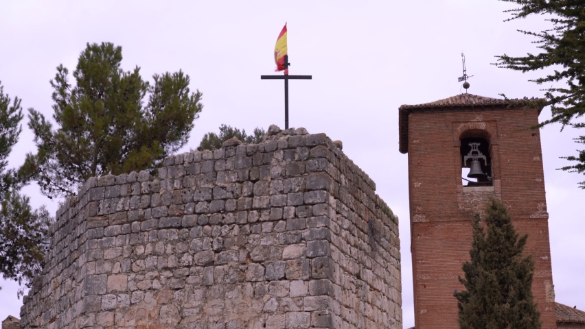 Detail of the tower of the Torremocha Castle in Santorcaz, a municipality in the Community of Madrid, Spain, January 24, 2022.