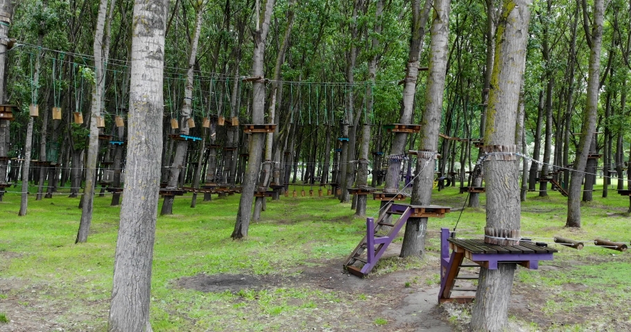 Aerial View Of Forest Adventure Park With Obstacle Courses. - forward
