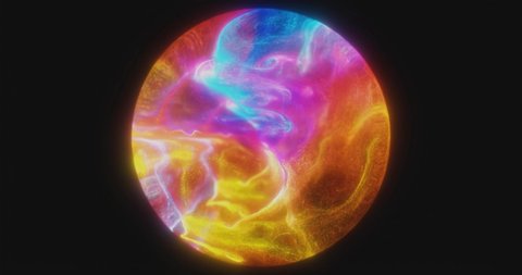 Abstract sphere with organic fluid particles. flowing liquid in rainbow colors on black background. Glow energy spiral. Plasma flow orb. Light Space . Atomic energy. Neon fluids. 4K loop, 3D rendering