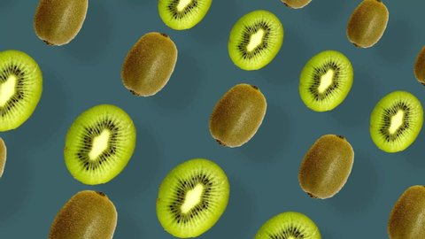 Colorful fruit pattern of fresh kiwi on green background with shadows. Seamless pattern with kiwi sliced. Realistic animation. 4K video motion