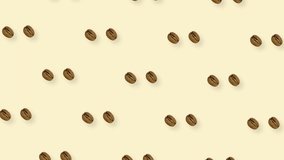 Colorful pattern of coffee beans on yellow background with shadows. Seamless pattern with coffee bean. Top view. Realistic animation. 4K video motion
