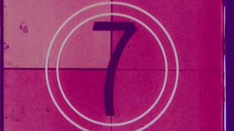 Countdown Leader, Picture Start. 4K Scan of authentic 16mm Academy Leader. Vintage Countdown Clock from 8 to 2. Retro celluloid for audio video production. Hot Pink Tint