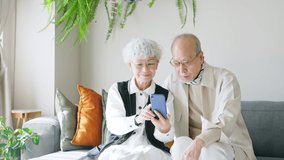 Asian elderly couple using a smart phone.