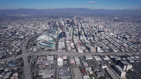 Los Angeles, Jan 2022. Los Angeles Downtown Sunset Cinematic Drone Footage of  Top View Freeway 110 Traffic 