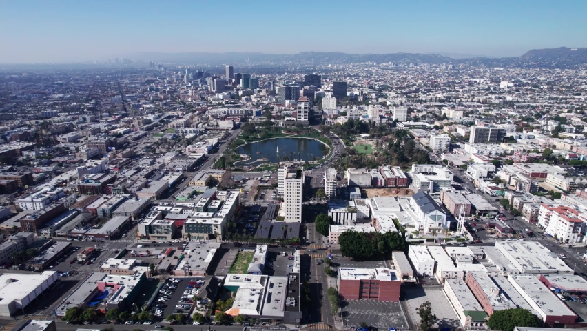 Los Angeles, JAN 24, 2022. MacArthur Park Los Angeles California with View on Downtown
