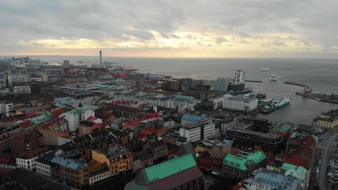 High view of Helsingborg city, Ferryboat harbor and colorful Downtown Buildings