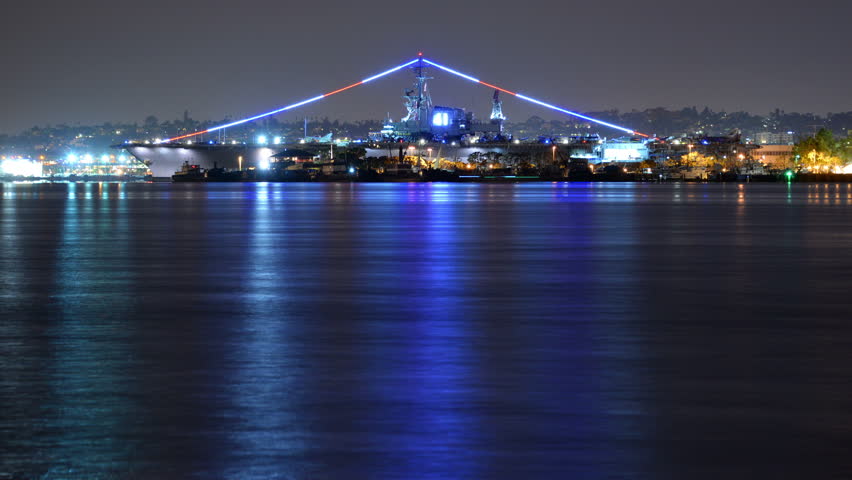 April 15, 2015, San Diego, USA : San Diego Skyline 23 Time Lapse Battleship USS Midway