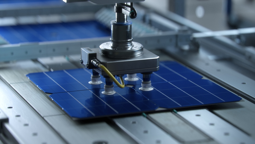 Solar Cells are  Being Moved and Tested on Conveyor during Solar Panel Production Process on Advanced Factory Royalty-Free Stock Footage #1085930630