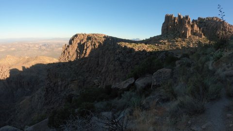 View on Top of Siphon Draw Trail to Flatiron Peak. Trail perspective looking off edge of Superstition Mountains