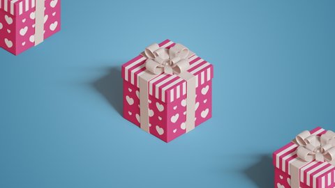 Cute jumping present boxes, paper bows dynamic animation. Bright pink, white colored gifts with heart shapes, stripes pattern, blue background. Cartoon style festive video. Celebration 3D Render, 4K