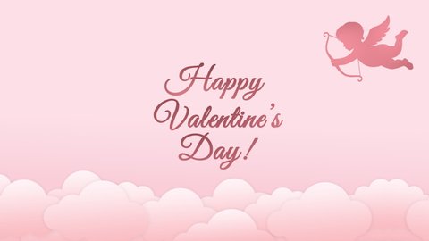 4K Romantic Concept Of A Flying Cupid Throwing An Arrow To A Heart With Exploding Happy Valentine's Day Inscription On Pink Background. Cute Animated Greeting Card For Couples On Valentine's Day Event