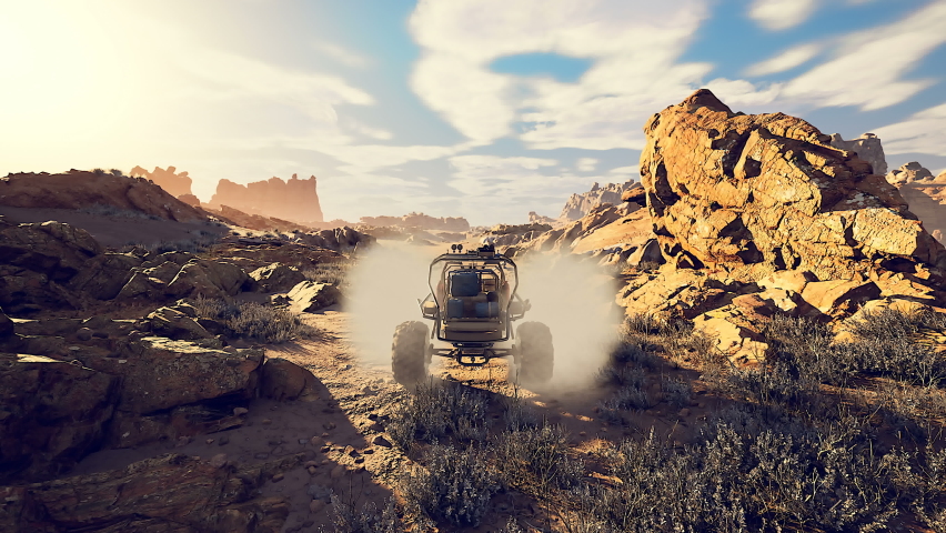 Faked 3D video game. 4K racing through the desert. Without hud. Royalty-Free Stock Footage #1085940224