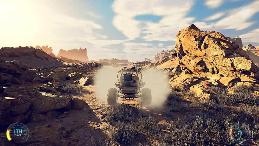 Faked 3D video game. 4K racing through the desert. HUD. | Shutterstock HD Video #1085940227