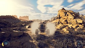 Faked 3D video game. 4K racing through the desert. HUD.