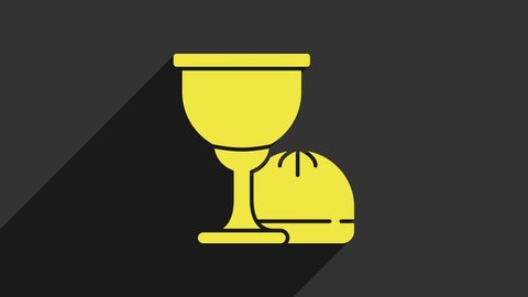 Yellow Holy grail or chalice icon isolated on grey background. Christian chalice. Christianity icon. 4K Video motion graphic animation.
