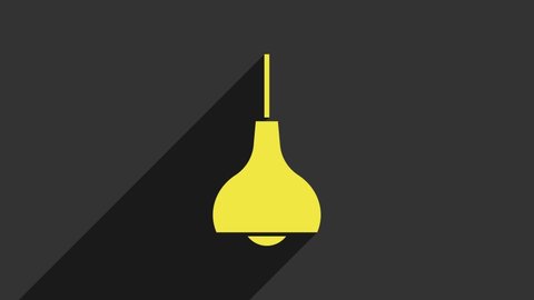 Yellow Lamp hanging icon isolated on grey background. Ceiling lamp light bulb. 4K Video motion graphic animation.
