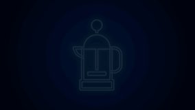 Glowing neon line French press icon isolated on black background. 4K Video motion graphic animation.
