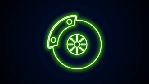 Glowing neon line Car brake disk with caliper icon isolated on black background. 4K Video motion graphic animation.