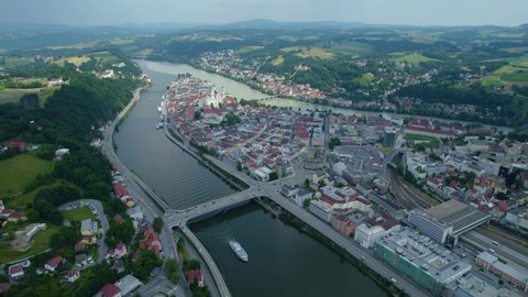 Aerial of the city Passau in Germany. Bavaria on a sunny afternoon in spring.