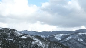 snowy mountains, snowy mountains and flying birds pan right on winter
