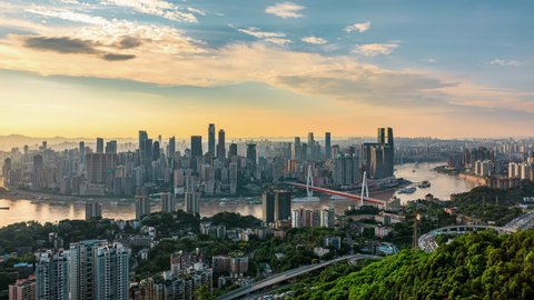 Panoramic city skyline and modern commercial buildings in Chongqing at sunset, China. 4k time lapse. 