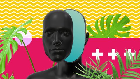 Human body abstract art concept with geometric shapes and plants. Realistic 3d character man or woman in creative modern motion style. Minimal graphic colorful psychedelic design. Fashion animation.