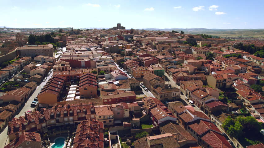 Drone point of view Avila cityscape, known by medieval walls, town called by Town of Stones and Saints. Famous place, spanish landmark in the Castile and Leon. UNESCO. Spain