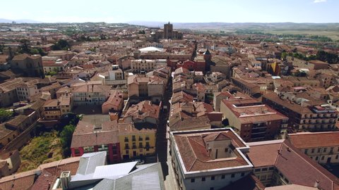 Drone point of view Avila cityscape, known by medieval walls, town called by Town of Stones and Saints. Famous place, spanish landmark in the Castile and Leon. UNESCO. Spain