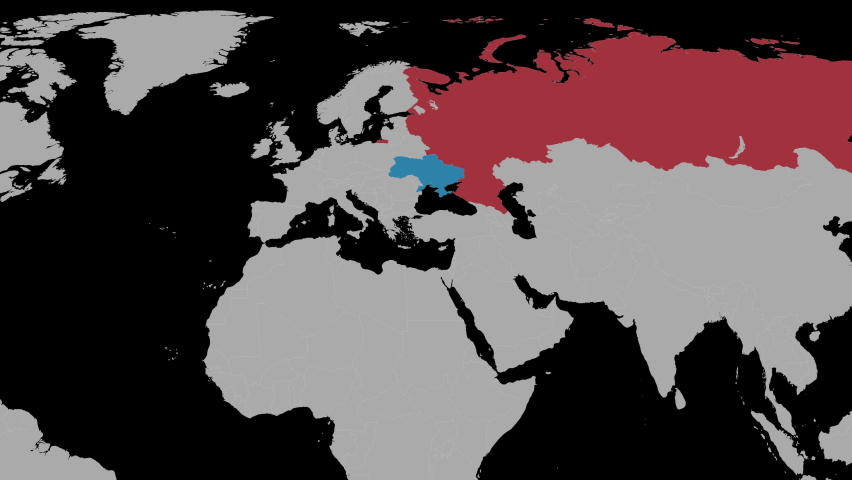 World map focused on est europe. Ukraine war and russian invasion concept. Ukrainian border with blinking target. Ukraine in blue, Russia in red, rest of the world in grey. | Shutterstock HD Video #1085958155