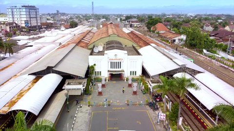 Jogjakarta, Indonesia - Dec 14, 2021: Established Aerial View of Jogjakarta Train Depot and Tugu Station Area