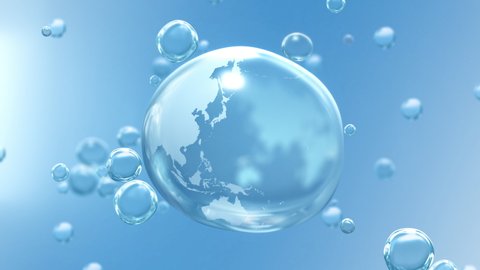 Planet Earth in crystal transparent drop on blue bubble background loop. Abstract concept 3D animation for World Water Day, clean sustainable resources, global climate change and hydro power awareness