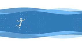 Animation of blue banner waves movement with white figure skating symbol on the left. On the background there are small white shapes. Seamless looped 4k animation on white background