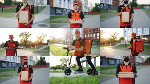 Multiple Screen Montage of Deliveryman worker employee deliver online order client customer. Male courier food delivery with thermal backpack with electric scooter uses smartphone navigate. Pizza