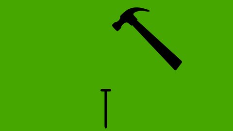 Animation of the black silhouette of a hammer hitting a nail, on a green chroma key background