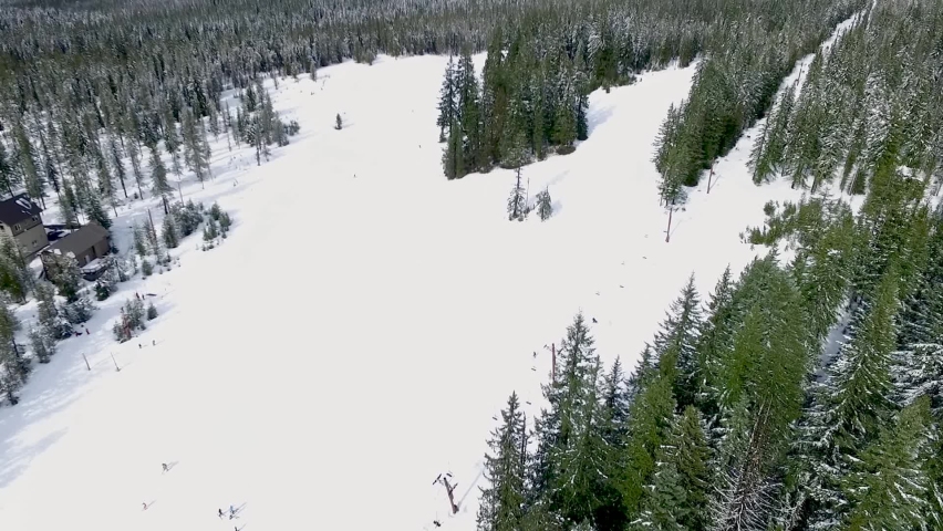 Wide aerial of Mt. Hood Meadows ski slopes.