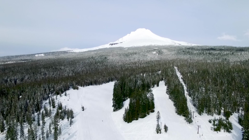 Aerial above the ski slopes at the base of Mount Hood in Oregon state.