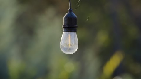 A single bulb of outdoor decorative string-lights, turning from off to on.