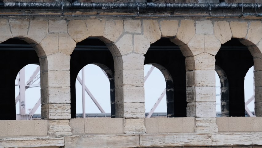Light rail Metro in St. Louis travels through Eads Bridge Tunnel. Static slow motion.