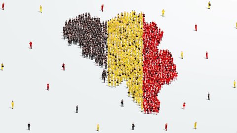 Belgium Map and Flag. A large group of people in the Belgium flag color form to create the map. 4K Animation Video.