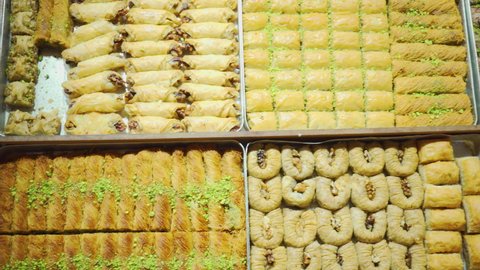 Wide range of baklava at the Grand Bazaar in Istanbul, Turkey. The historical market is a popular tourist destination and one of oldest covered markets in the world.