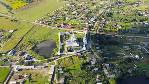 Pereslavl-Zalessky, Russia. Nikitsky Monastery - Monastery of the Pereslavl Diocese of the Russian Orthodox Church, Aerial View Hyperlapse, Point of interest