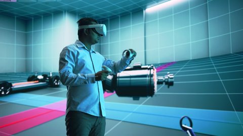 Automotive Engineer Making Presentation of a Modern VR Software Testing and Developing Vehicle Platforms. Engineer Uses Headset and Controllers to Showcase Functionality on a Big Screen on Stage.
