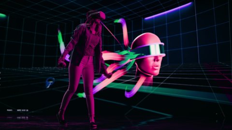 Digital Artist Using VR Software to Create a 3D Piece of Art: Designing a Stylish Futuristic Portrait in Interactive Environment on a Big Digital Screen. Female Designer Using Headset and Controllers.