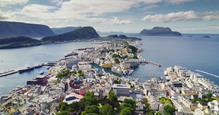 Bird's eye view of Alesund port town on the west coast of Norway, at the entrance to the Geirangerfjord. Colorful daytime scene of the Nord. Traveling concept background. Royalty-Free Stock Footage #1085987762