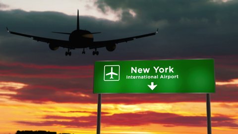 Airplane silhouette landing in New York, USA. City arrival with airport direction signboard and sunset in background. Travel, trip and transportation 3d concept.