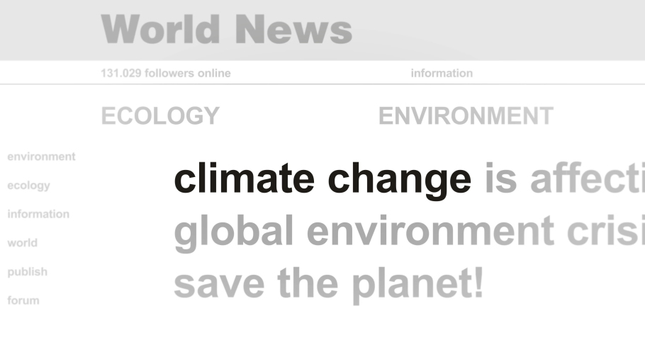 Headline news across international media with Climate Change global warming and environmental disaster. Abstract concept of internet news titles on screens loop. Seamless and looped animation.