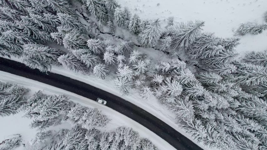Aerial top down shot of white car drives along the road in winter snowy forest. Traveling by car in winter, driving in bad weather