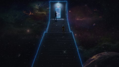 People On Stairway To Heaven In Deep Space To Heavens Gate. Man and woman standing on a space stairway towards heavens cloudy sky